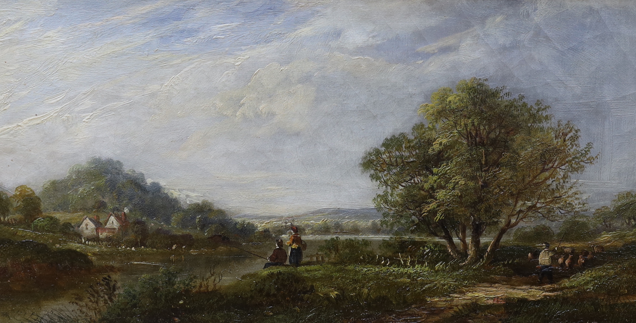 Attributed to Edwin Buttery (1839-1908), pair of oils on canvas, River landscapes with figures fishing, 19 x 39cm